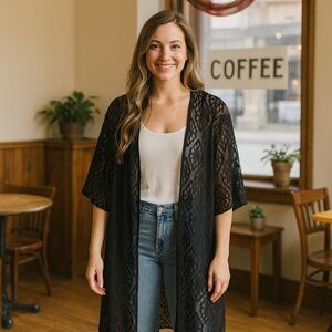 LuLaRoe Womens Kimono Cardigan Medium Shirley Black Lace Sheer Flowy Silky Noir
